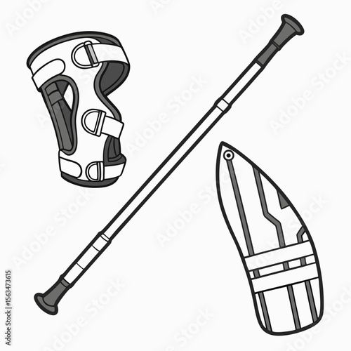 Knee brace and paddle on white background sports equipment