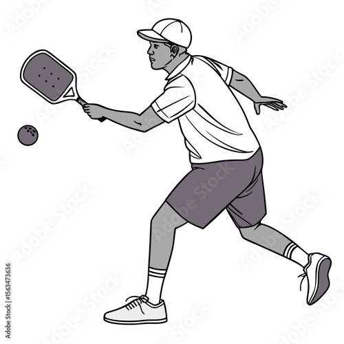 Man playing pickleball forehand with gray paddle and ball sport recreation