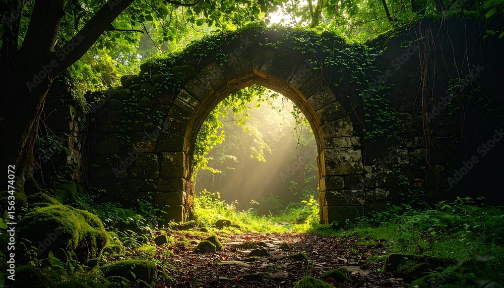 Obraz premium Crumbling stone arch covered in thick moss and wild vines, surrounded by damp forest floor and filtered morning light 