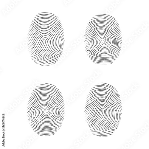 Set of fingerprint patterns with clear lines, swirls, and human thumbprint icons in black and white