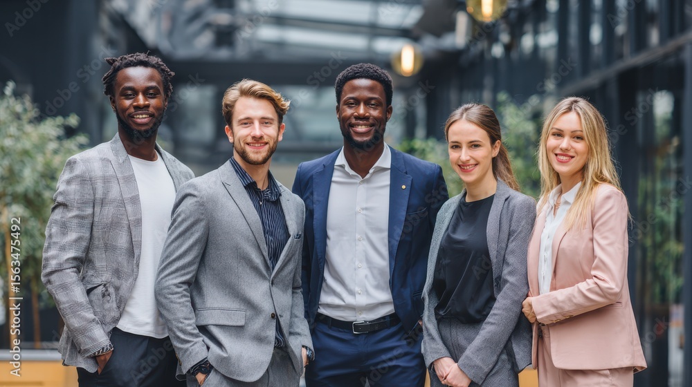 Obraz premium Professional Diverse Group of Business People Posing Together in Modern Office Space with Natural Light and Greenery in Background