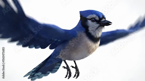 A vibrant, digitally created blue jay with outstretched wings against a stark white backdrop. The bird is in mid-flight, its wings, feathers and eye details