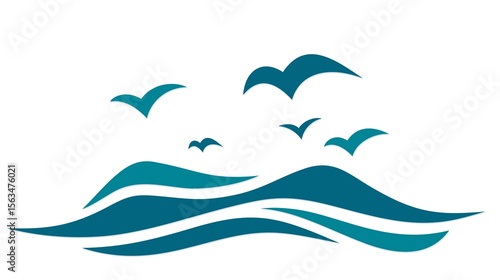 Symbol of the blue sea with a flock seagulls flying.