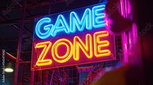 Bright neon sign illuminating game zone atmosphere, showcasing vibrant colors and exciting entertainment for gaming enthusiasts in a fun space