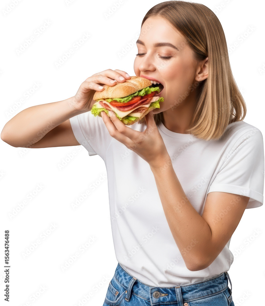 Young woman eating a large croissant sandwich filled with lettuce tomato cheese and deli meat transparent background Young woman eating a large croissant sandwich filled with lettuce tomato cheese and deli meat transparent background