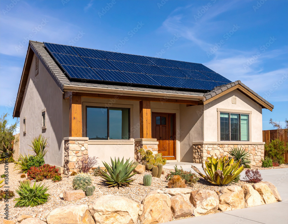Fototapeta premium Southwestern Desert Home with Solar Panels and Xeriscaping