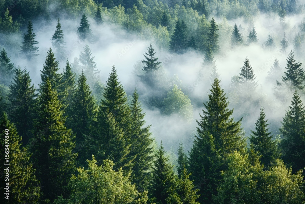 Fototapeta premium Mist gently rises among dense evergreen trees in a lush forest, creating a serene and mystical atmosphere.