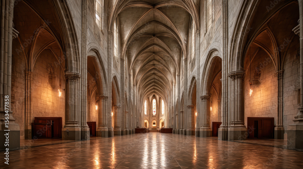 Fototapeta premium Awe-inspiring cathedral nave interior with symmetrical rows and high ceilings
