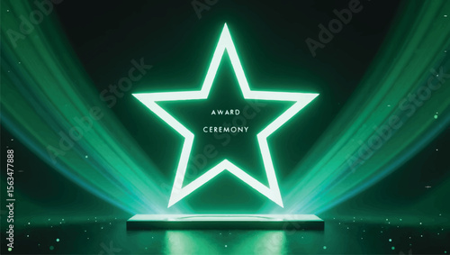 Glowing neon star award ceremony stage with green spotlight and podium