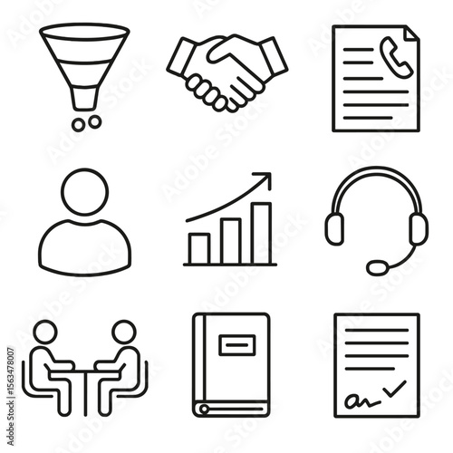 Sales Training Icons. Outline style icons of Sales Training: sales funnel, handshake, customer icon, call script, growth chart,