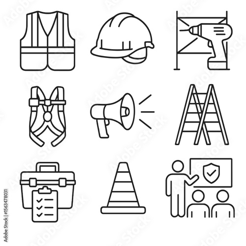 Construction Safety Icons. Outline style icons of Construction Safety Drill: safety vest, hard hat, scaffold drill, fall arrest
