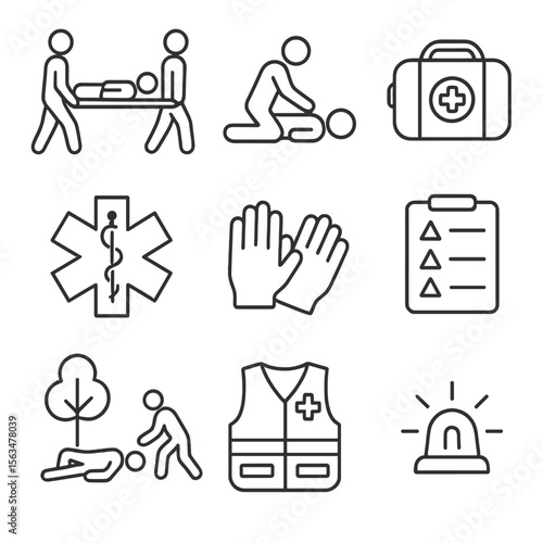 Paramedic Drill Icons. Outline style icons of Paramedic Drill: stretcher carry, first aid response, trauma bag, EMT logo, gloves