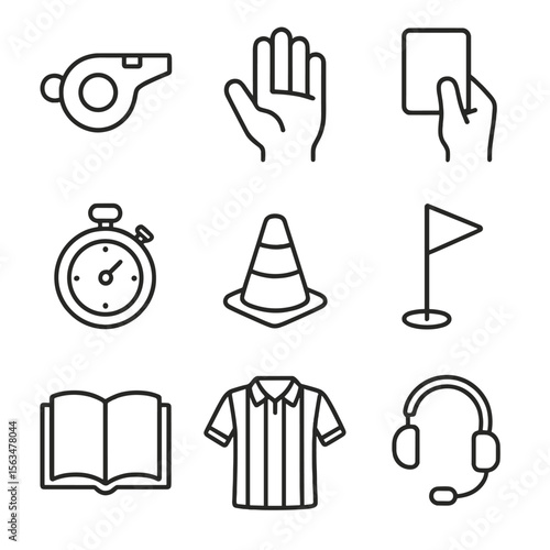 Referee Equipment Icons. Outline style icons of Sports Referee Drill: referee whistle, hand signal icon, penalty card, stopwatch,