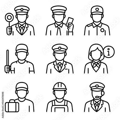 Train Station Icons. Line style icons of train station staff: conductor, ticket inspector, security guard, cleaner, station master