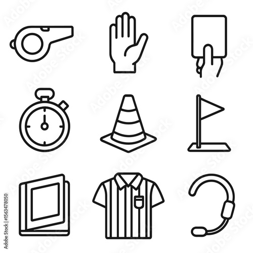 Referee Equipment Icons. Outline style icons of Sports Referee Drill: referee whistle, hand signal icon, penalty card, stopwatch,