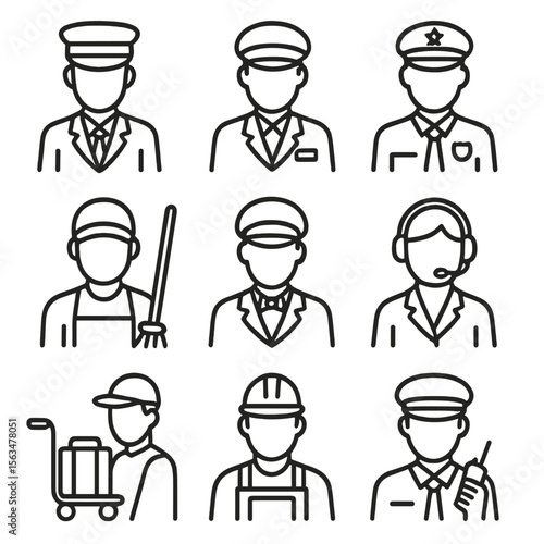 Train Station Icons. Line style icons of train station staff: conductor, ticket inspector, security guard, cleaner, station master