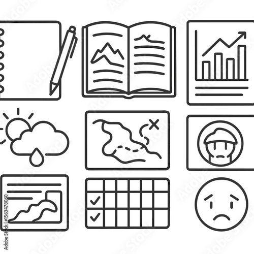 Trail Running Icons. Outline style icons of Trail Running Journaling: notebook with pen, trail logbook, stats chart, run