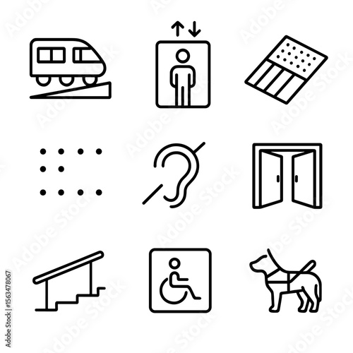 Train Station Accessibility Icons. Line style icons of train station accessibility: ramp, elevator, tactile paving, braille sign,
