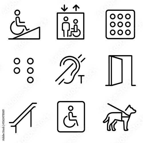Train Station Accessibility Icons. Line style icons of train station accessibility: ramp, elevator, tactile paving, braille sign,