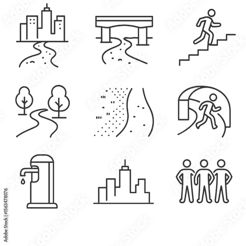Urban Trail Running Icons. Outline style icons of Urban Trail Running: city skyline trail, overpass path, stairs run, park loop,