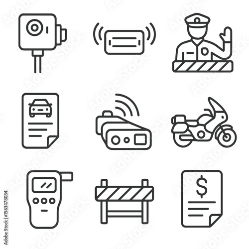 Traffic Management Icons. Line style icons of traffic management enforcement: speed camera, license plate reader, police