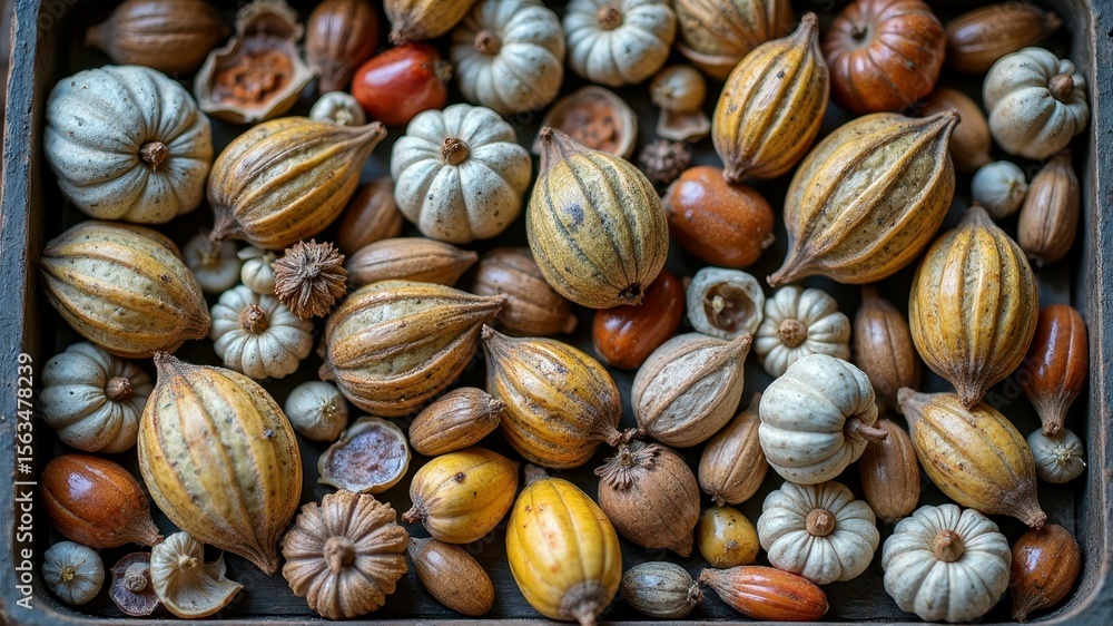 Variety of colorful gourds and pumpkins in wooden box Variety of colorful gourds and pumpkins in wooden box