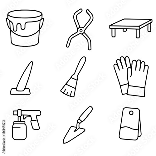 Pottery Tools Icons. Line style icons of Pottery Glazing & Firing: glaze bucket, dipping tongs, kiln shelf, pyrometric cone, slip
