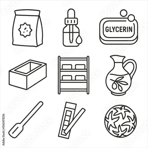Traditional Soapmaking Icons. Line style icons of Traditional Soapmaking: lye powder bag, essential oil vial, glycerin soap bar,