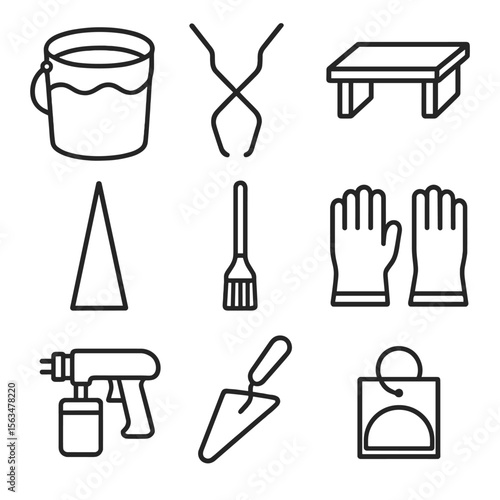Pottery Tools Icons. Line style icons of Pottery Glazing & Firing: glaze bucket, dipping tongs, kiln shelf, pyrometric cone, slip