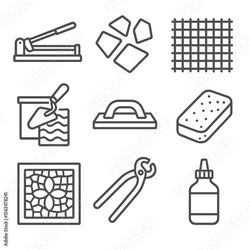 Mosaic Art Tools. Line style icons of Mosaic Artistry: tile cutter, tesserae pieces, mesh backing, adhesive mortar, grout float,