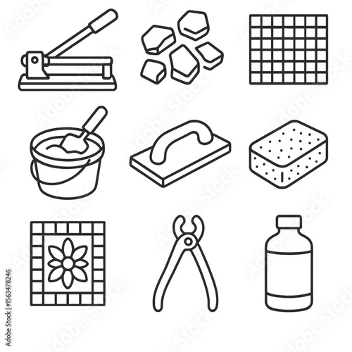 Mosaic Art Tools. Line style icons of Mosaic Artistry: tile cutter, tesserae pieces, mesh backing, adhesive mortar, grout float,