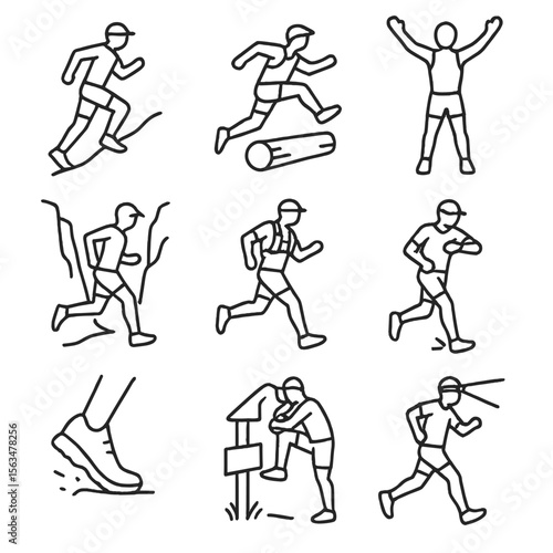 Trail Running Icons. Outline style icons of Trail Running Silhouette: sprint uphill, leaping over log, arms raised finish, pacing