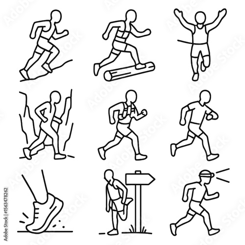 Trail Running Icons. Outline style icons of Trail Running Silhouette: sprint uphill, leaping over log, arms raised finish, pacing