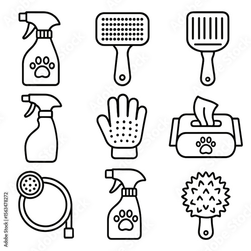 Pet Cleaning Icons. Outline style icons of Pet Cleaning Tools: pet-safe spray, fur brush, litter scoop, deodorizer bottle,