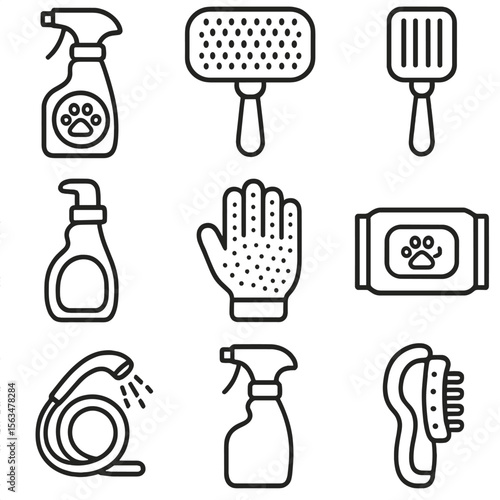 Pet Cleaning Icons. Outline style icons of Pet Cleaning Tools: pet-safe spray, fur brush, litter scoop, deodorizer bottle,