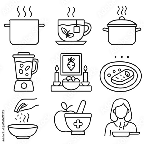 Culinary Healing Icons. Outline style icons of Culinary Healing Practices: steaming broth pot, herbal tea infusion, slow simmer