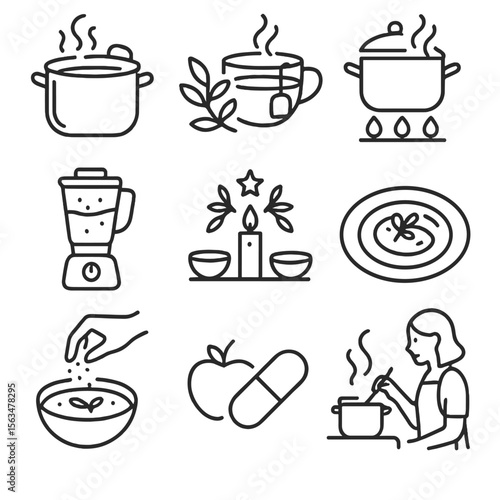 Culinary Healing Icons. Outline style icons of Culinary Healing Practices: steaming broth pot, herbal tea infusion, slow simmer