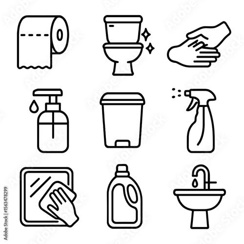 Bathroom Hygiene Icons. Outline style icons of Bathroom Hygiene: toilet paper roll, toilet with clean sparkle, hand wash station,