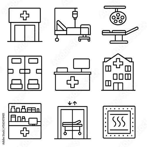 Hospital Icon Set. Outline style icons of Hospital and Healthcare Buildings: emergency room entrance, patient room layout,