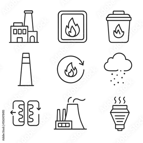 Incineration Icons Set. Outline style icons of Incineration and Energy Recovery: waste incinerator, burning chamber icon, ash