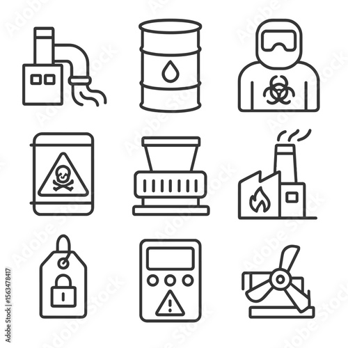 Industrial Waste Icons. Outline style icons of Industrial Waste Management: factory waste pipe, containment barrel, hazardous