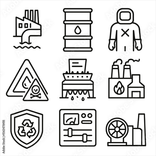 Industrial Waste Icons. Outline style icons of Industrial Waste Management: factory waste pipe, containment barrel, hazardous