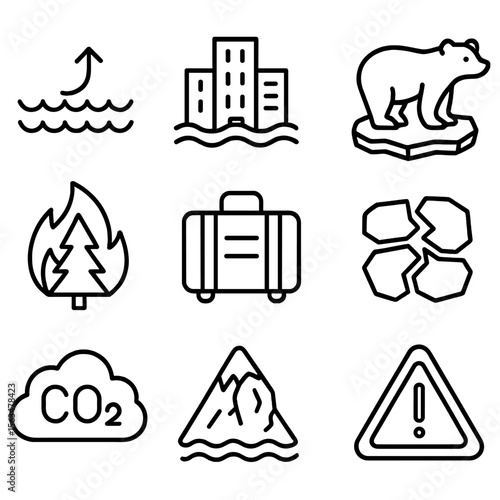 Climate Change Icons. Outline style icons of Climate Change Impact: rising sea level, flooded city icon, polar bear on ice,