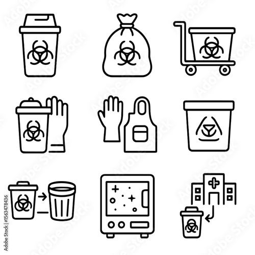 Biomedical Waste Icons. Outline style icons of Biomedical Waste Management: sharps container, red biohazard bag, medical waste