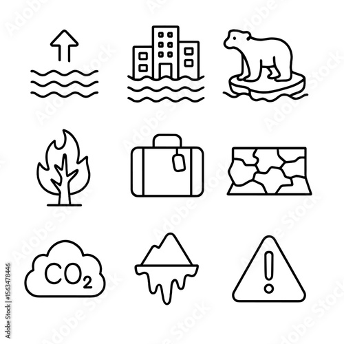 Climate Change Icons. Outline style icons of Climate Change Impact: rising sea level, flooded city icon, polar bear on ice,
