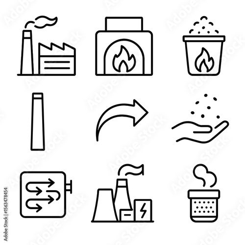 Incineration Icons Set. Outline style icons of Incineration and Energy Recovery: waste incinerator, burning chamber icon, ash