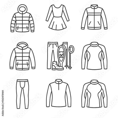 Winter Sportswear Icons. Outline style icons of Winter Sportswear: alpine ski wear, ice skating outfit, curling uniform, Nordic