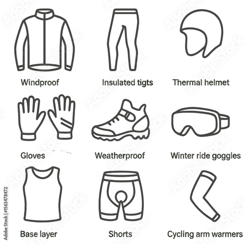 Winter Cycling Gear Icons. Outline style icons of Winter Cycling Wear: windproof cycling jacket, insulated tights, thermal helmet