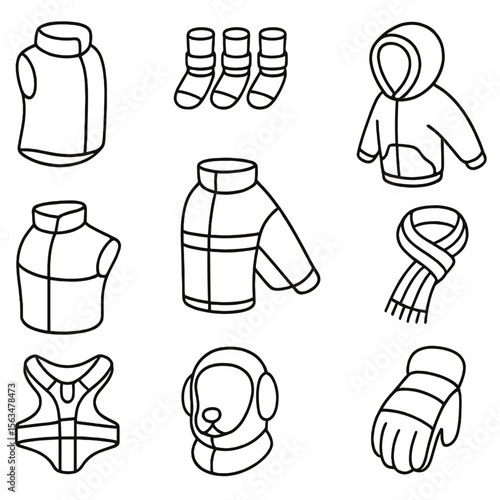 Dog Winterwear Icons. Outline style icons of Dog Winterwear: fleece dog vest, booties with straps, winter dog hoodie, reflective