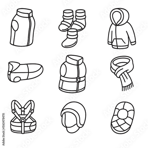 Dog Winterwear Icons. Outline style icons of Dog Winterwear: fleece dog vest, booties with straps, winter dog hoodie, reflective